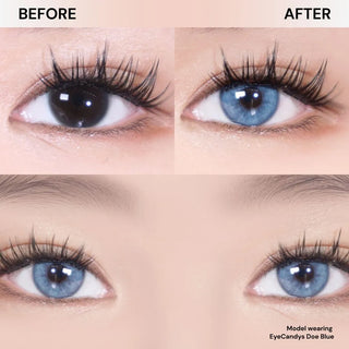 Eyes before and after wearing EyeCandys Doe Blue contact lenses. Bold ocean-inspired iris patterns, soft limbal ring, UV protection, and MPC polymer for all-day comfort.
