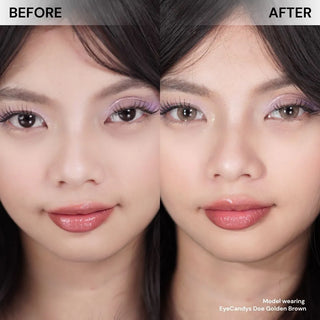 Before-and-after comparison of model’s face wearing EyeCandys Doe Golden Brown colored contact lenses – natural eyes vs warm golden brown lenses with subtle iris enlargement, natural coverage, and soft, radiant effect.