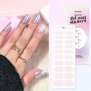Hand showcasing EyeCandys Fiji gel nail stickers, DIY nails with trendy gel nail art design, long-lasting nail stickers