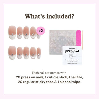 Eyecandys press-on nail kit contents including 20 reusable press-on nails, 20 adhesive sticky tabs, a nail file, a cuticle stick, and an alcohol wipe for easy at-home application.