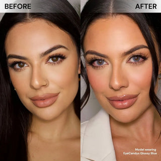 Before-and-after comparison of model’s face wearing EyeCandys Glossy Blue colored contact lenses – natural eyes vs vibrant blue lenses with subtle iris enlargement, natural blending, and enhanced brightness.