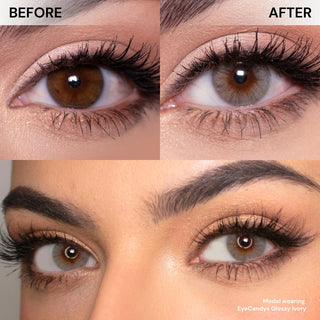 Close-up of eye with long lashes showing before and after wearing EyeCandys Glossy Ivory 1 Day Contact Lenses – Natural looking enhancement, brightening effect, comfortable daily wear, trending colored contacts
