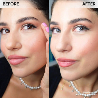 Model showing before and after wearing EyeCandys Glossy Ivory 1 Day Contact Lenses – Natural looking eyes, enhanced brightness, comfortable daily wear, trending colored lenses, beauty transformation