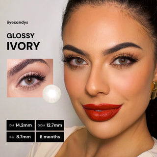Close-up of model’s face wearing EyeCandys Glossy Ivory prescription colored contact lenses, natural makeup look, realistic ivory eye enhancement