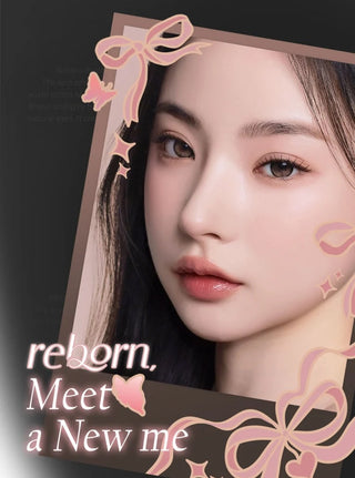 Model with natural makeup wearing Eyecandys i-Sha Reborn Rosywood prescription colored contact lens, showcasing soft rosywood eye color and comfortable fit.