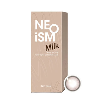 EyeCandys NEOism Milk Brown colored contact lens packaging - sleek premium box design, prescription cosmetic lenses, comfortable daily wear, natural warm brown eye enhancement, trending colored contacts