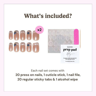 Eyecandys press-on nail kit contents including 20 reusable press-on nails, 20 adhesive sticky tabs, a nail file, a cuticle stick, and an alcohol wipe for easy at-home application.