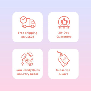 Four icons with text: free US shipping on $75+, 30-day guarantee, earn CandyCoins, and subscribe & save—now with EyeCandys Powerglow Reddish Pink color contacts—on a pink-purple gradient background.