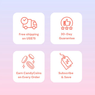 Four icons with text: a truck for "Free shipping on US$75," thumbs up and stars for "30-Day Guarantee," coins for "Earn CandyCoins on Every Order," and a tag for "Subscribe & Save"—great perks when buying EyeCandys Powerglow Turquoise Green lenses.