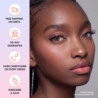 A woman with glowing skin and pink makeup looks ahead, wearing EyeCandys Shade Pink natural-looking contacts. Icons left show free shipping over $75, 30-day guarantee, CandyCoins rewards, and subscribe & save.