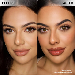 Side-by-side comparison of a woman’s face before and after wearing EyeCandys Pink Label Vintage Brown contacts, showing the dolly look effect with enhanced eye color and makeup, labeled “BEFORE” and “AFTER.”.