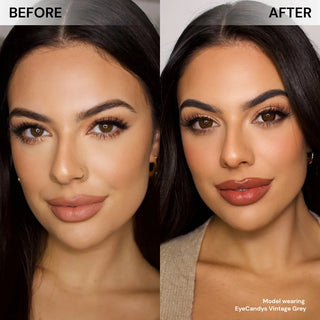 Side-by-side photos of a woman’s face labeled ‘Before’ and ‘After.’ In the ‘After,’ her eyes look lighter grey, likely from EyeCandys Pink Label Vintage Grey contacts. Both images show similar makeup and expressions.