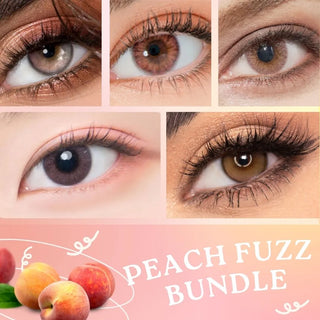 Collage of five close-up eyes with various makeup looks and colored lenses from the EyeCandys Peach Fuzz Bundle (5 Pairs). Below, peach illustrations and “PEACH FUZZ BUNDLE” are set on a peach-toned background.