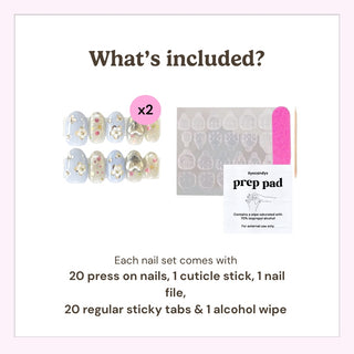 EyeCandys press on nails kit showing 20 reusable nails, cuticle stick, nail file, 10 sticky tabs, and alcohol wipe included in every set.