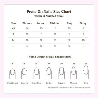 Eyecandys press-on nails size chart showing XS, S, M, L, and Custom sizing with nail measurements and a guide to help choose the best-fitting reusable press-on nails.