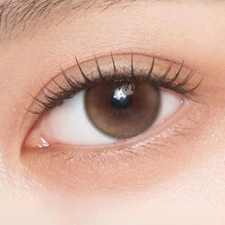 A close-up of a human eye with long lashes wearing Gemhour Demeter 1-Day 13.5 Amber Brown (10pk) contacts, highlighting smooth skin and subtle, natural makeup around the eye.
