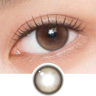 A close-up of a brown eye wearing Gemhour Demeter 1-Day 13.5 Amber Brown (10pk) color contacts by Gemhour; below, a separate image displays the lens design.