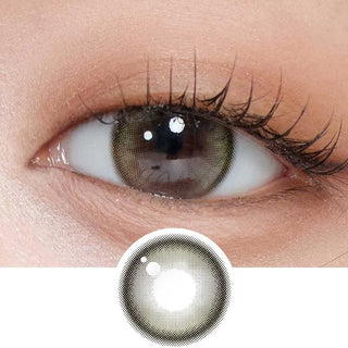 Close-up of an eye wearing Gemhour Demeter 1-Day 13.5 Olive Green contacts by Gemhour, with long lashes and neutral makeup. Below is a zoomed-in view of the daily disposable lens’s color and pattern.
