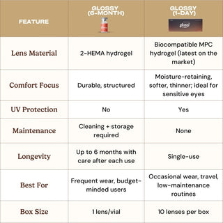 Glossy colored contact lenses comparison table highlighting reusable 6-month lenses and daily disposable 1-day lenses features and benefits
