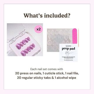 What’s included in the box: 20 press on nails, cuticle stick, nail file, 10 adhesive tabs, and alcohol wipe for easy at-home manicure application.
