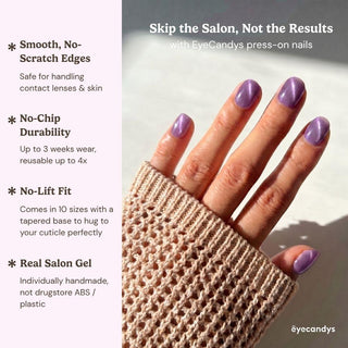 Close up hand showcasing EyeCandys Grape Jelly press on nails with translucent purple jelly nails and glossy shimmer finish.