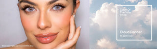 Model wearing EyeCandys Desire Innocent White Grey prescription colored contact lenses - Cloud-Dancer 2026 Color of the Year, natural makeup, subtle grey eye transformation, comfortable daily wear, trendy cosmetic lenses