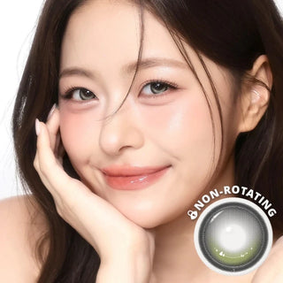 Model wearing i-Girl One Pick Dear One Grey contact lenses from EyeCandys, featuring classic smoky grey color, double-circle iris design, subtle eye-widening effect, and all-day silicone hydrogel comfort
