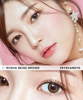 Model showcasing the natural look using i-Sha Best Of Dailies Set (3 Boxes) prescription colored contact lenses, above a closeup of a pair of eyes enhanced and widened by the circle lenses.