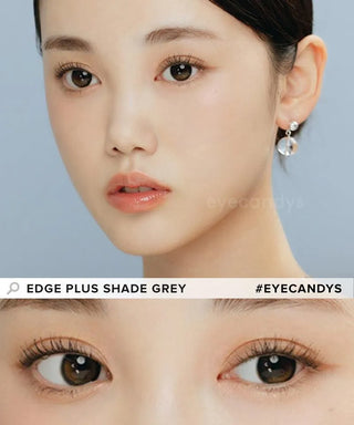 Model showcasing the natural look using i-Sha Oriana Edge Plus Shade Grey prescription colored contact lenses, above a closeup of a pair of eyes enhanced and widened by the circle lenses.