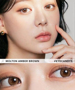 Design of the i-Sha Molton Amber Brown coloured contact lens from Eyecandys on a white background, showing the pixel dotted detail and limbal ring.