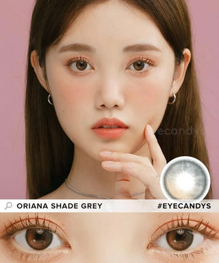 Model showcasing the natural look using i-Sha Oriana Shade Grey prescription colored contact lenses, above a closeup of a pair of eyes enhanced and widened by the circle lenses.