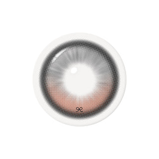 The i-Sha Reborn Red 1-Day Rosy Cream (10pk) by i-Sha is a silicone hydrogel cosmetic lens with a black outer ring, dotted gradient pattern, and light brown center tint, shown on a white background.