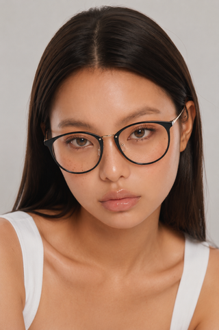 EyeCandys Infinity clear lens glasses model shot featuring modern designer-inspired optical frames with non-prescription clear lenses, trendy women's fashion eyewear, blue light style glasses for everyday wear, office outfits, minimalist fashion, and contemporary luxury looks.
