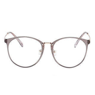 EyeCandys Infinity Oversized Oval eyeglasses feature round, vintage-inspired thin transparent gray frames with clear lenses, a subtle metallic bridge, and nose pads, displayed on a white background.