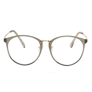 The EyeCandys Infinity Oversized Oval eyeglasses feature round, thin metal frames in a light color with clear lenses, displayed from the front against a white background.