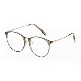 The EyeCandys Infinity Oversized Oval features a vintage-inspired round, oversized oval frame with clear lenses, thin gold metal arms, and translucent gray plastic frames, showcased on a white background.