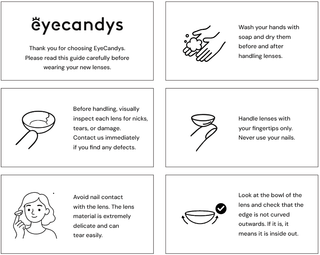 A set of six instructional cards for EyeCandys contact lenses, featuring simple black line illustrations and care tips such as washing hands, inspecting lenses, using fingertips, avoiding nails, and checking lens orientation.