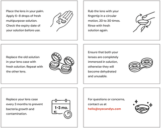 A six-step illustrated guide for cleaning contact lenses, including instructions for rubbing, rinsing, replacing solution, drying, changing lens cases, and a contact email for questions. Icons accompany each step.