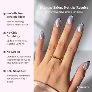 Stylish hand wearing EyeCandys Lavendroid press on nails featuring futuristic chrome cat eye nails with violet gradient tips.