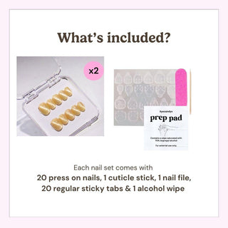 EyeCandys press on nails kit showing 20 reusable nails, cuticle stick, nail file, 10 sticky tabs, and alcohol wipe included in every set.
