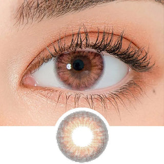 Close-up of a brown eye with long lashes wearing EyeCandys Peach Fuzz Bundle (5 Pairs) colored contacts. Below is a circular image showing the detailed pattern and color design of these non-prescription lenses.