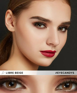 Close-up of EyeCandys Libre Beige colored prescription contact lenses on a model's eyes, with a closeup of her eyes showing the natural transformative effect of the beige contacts.