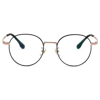 The EyeCandys Luna Round glasses feature thin titanium frames in a vintage style with black rims, gold bridge and hinges, and black temple tips, showcased from the front on a white background.