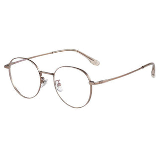 The EyeCandys Luna Round glasses feature thin titanium round frames, clear lenses, and adjustable nose pads. These vintage-style eyeglasses are shown angled on a white background.