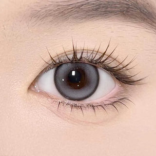 A close-up of a brown eye wearing Olola Meow Natural Coon Grey contact lenses by Olola, featuring long, curled eyelashes and smooth, light skin around the eye.