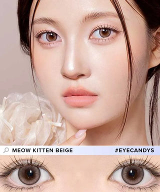 A close-up of a woman with smooth, fair skin and brown eyes wearing Olola Meow Natural Kitten Beige contacts. A zoomed-in shot highlights the lenses. Text: "Meow Kitten Beige" and "#EYECANDYS." Brand: Olola.