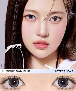 A young woman with fair skin and long dark braided hair looks at the camera wearing Olola Meow Natural Siam Blue color contacts by Olola. A close-up below highlights the striking blue of these contacts in her eyes.