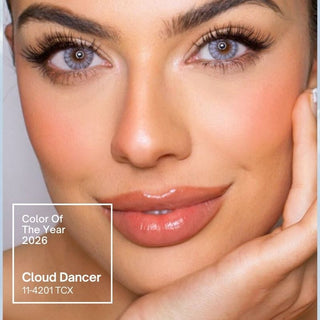Model wearing EyeCandys Desire Innocent White Grey prescription colored contact lenses - Cloud-Dancer 2026 Color of the Year, natural makeup, subtle grey eye transformation, comfortable daily wear, trendy cosmetic lenses