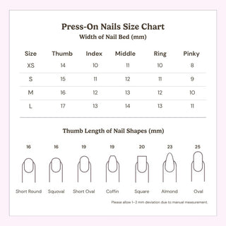 EyeCandys press on nails sizing guide showing detailed nail size chart and different nail shapes such as almond, round, square, coffin, and stiletto.