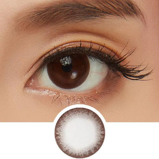 A close-up of a brown eye with long lashes features NEO Vision Dali Chocolate Brown lenses by NEO Vision, ideal for a soft Korean makeup look. Below, the contact lens design is displayed in detail on a white background.